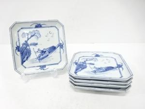 京焼　加藤利昌造　染付　舟　四方皿　5客